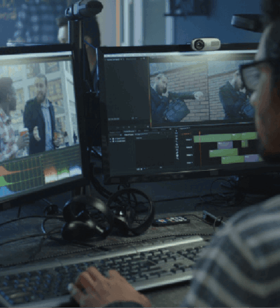 映像制作　PCの前で編集作業する男性